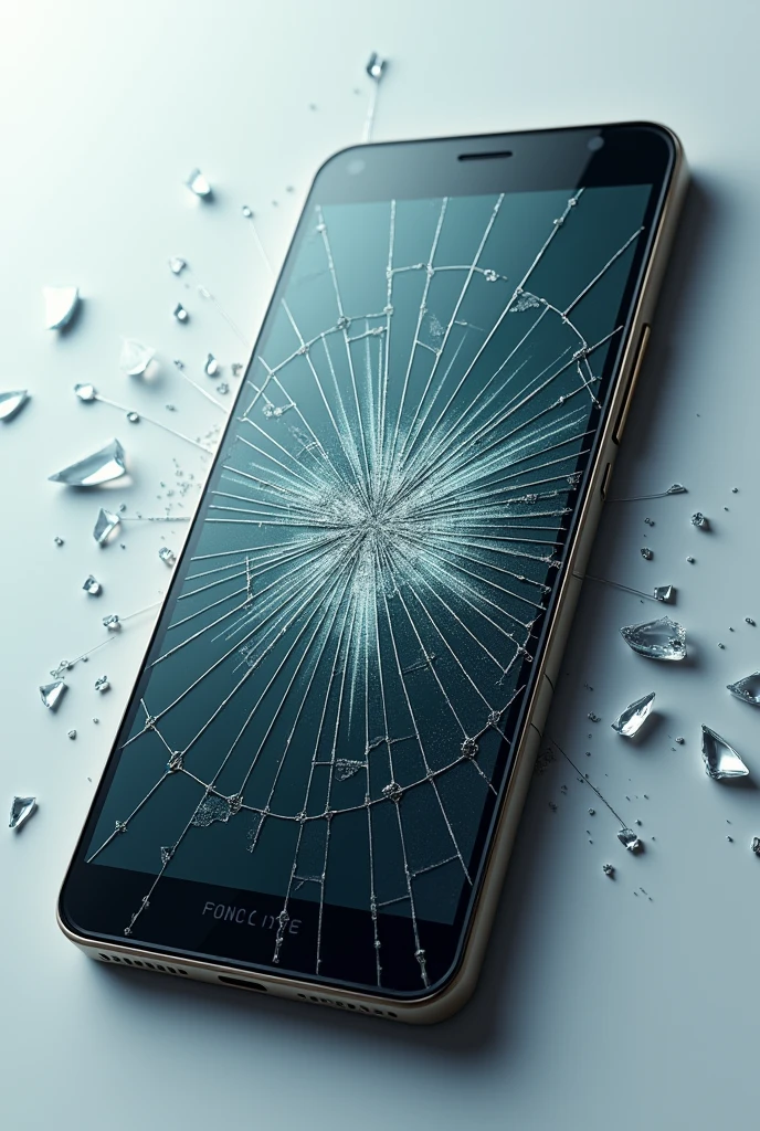 new cell phone with a slightly cracked screen, the screen has broken glass scattered around