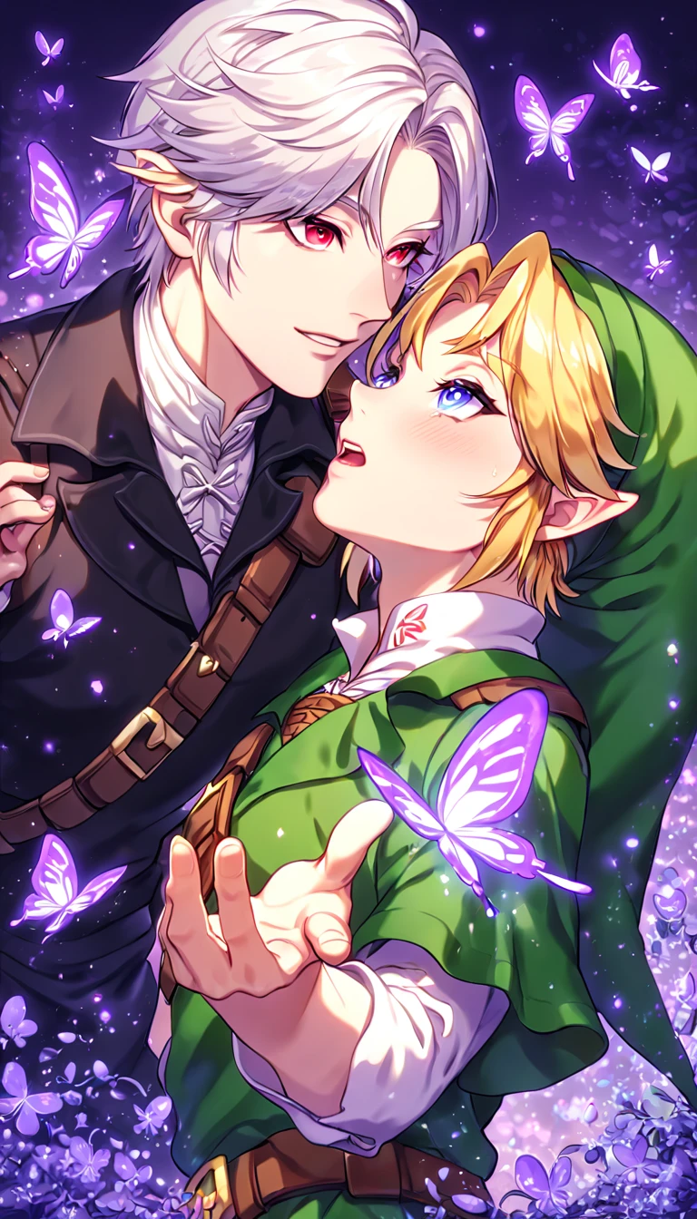 absurdres, highres, ultra detailed, HDR, master piece, best quality, extremely detailed, detailed eyes, Dark Link, white hair, expressive red eyes, The Legend Of Zelda Ocarina Of Time, Link, blonde hair, expressive blue eyes, two sexy men together, gay couple, yaoi, handsome, black tunic, black hat, green tunic, green hat, under a purple tree, fantasy, magical, purple glittering fireflies, purple butterflies, purple flames, glass magic, purple leaves