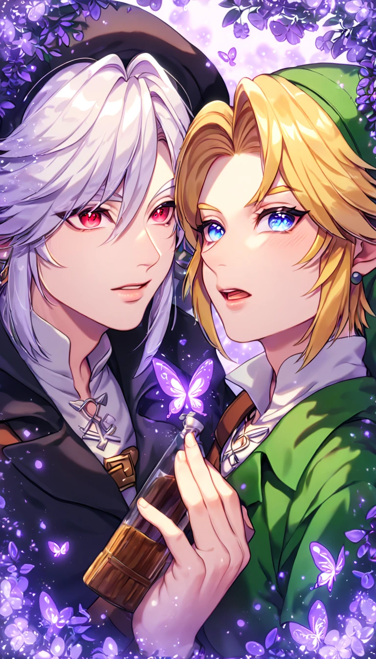 absurdres, highres, ultra detailed, HDR, master piece, best quality, extremely detailed, detailed eyes, Dark Link, white hair, expressive red eyes, The Legend Of Zelda Ocarina Of Time, Link, blonde hair, expressive blue eyes, two sexy men together, gay couple, yaoi, handsome, black tunic, black hat, green tunic, green hat, under a purple tree, fantasy, magical, purple glittering fireflies, purple butterflies, purple flames, glass magic, purple leaves