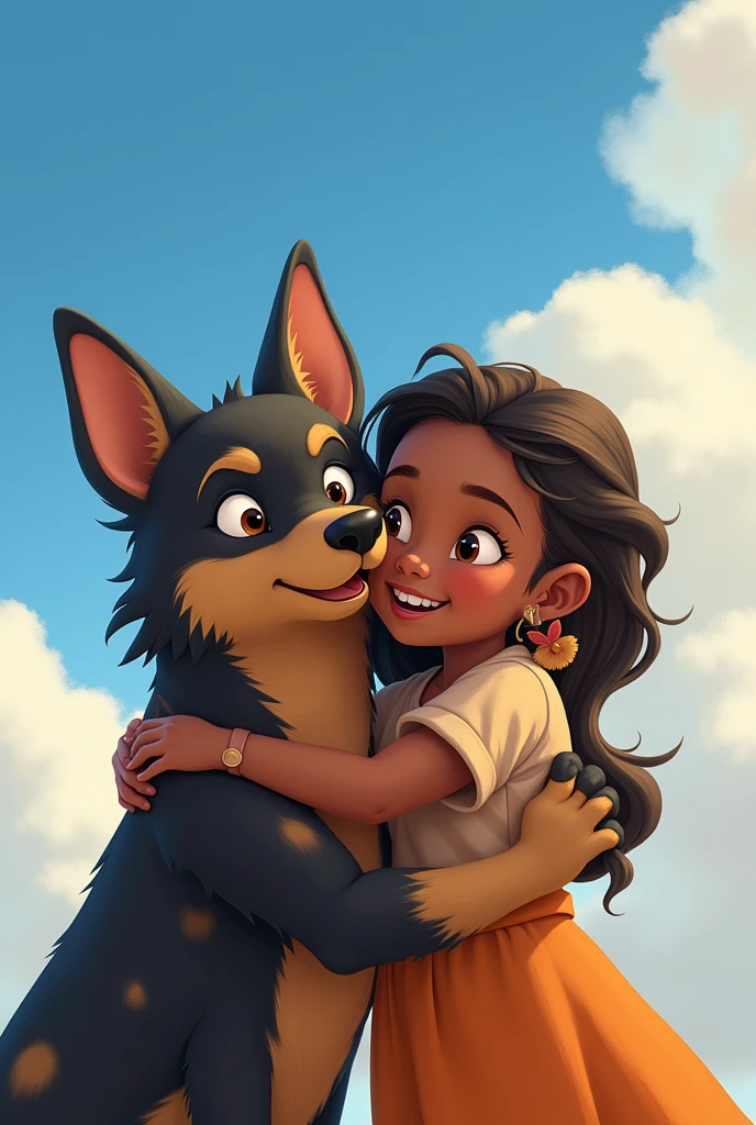 A small black dog with brown, crooked eyes in the sky with a large wolf-breed dog with black spots and brown eyes and a happy, dark-skinned, churuna girl hugging each other 