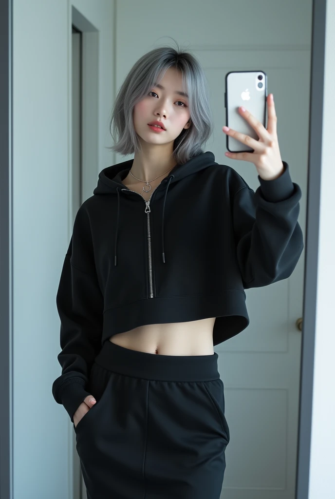 highly detailed, beautiful, hyper Realistic girl, masterpiece, best quality, Depict a mysterious and sophisticated beautiful Japanese gravure model,, 28-years-old, identity hidden, all body shot, / gray arranged hair, small head, Detailed face, cute and Pretty slim face, wide Duck mouth, perfect beautiful Tooth, arranged gray hair, shiny eyes, blue-colored eyes, Realistic skin, Detailed face, / Top: A black cropped hoodie made from soft, high-quality sweat material, now with a cinched waist that sits just above the navel, allowing a slight midriff reveal. The hoodie retains its plain, unembellished finish, high collar, and zippered front, emphasizing the minimalist and modern aesthetic while adding a subtle touch of edginess.

Bottom: A knee-length, fitted skirt in matching black sweat material, maintaining its clean and sleek silhouette. The skirt remains simple and unadorned, complementing the cropped hoodie.

Footwear: Sleek black ankle boots with subtle synthetic overlays and neon blue soles, maintaining a futuristic yet understated appearance.

Accessory: A delicate, thin silver necklace around the neck, providing a simple and refined accent to the minimalist ensemble. //// simple white single room, gray frame mirror, complicated background /// takes a selfie in her room using a smartphone in front of a mirror with one hand, standing and sexy Posing, all body below shot, looking away from the camera,