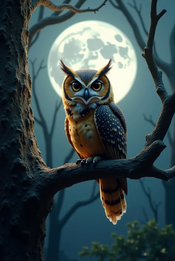 A wise old owl perched on a tree branch during a full moon night.