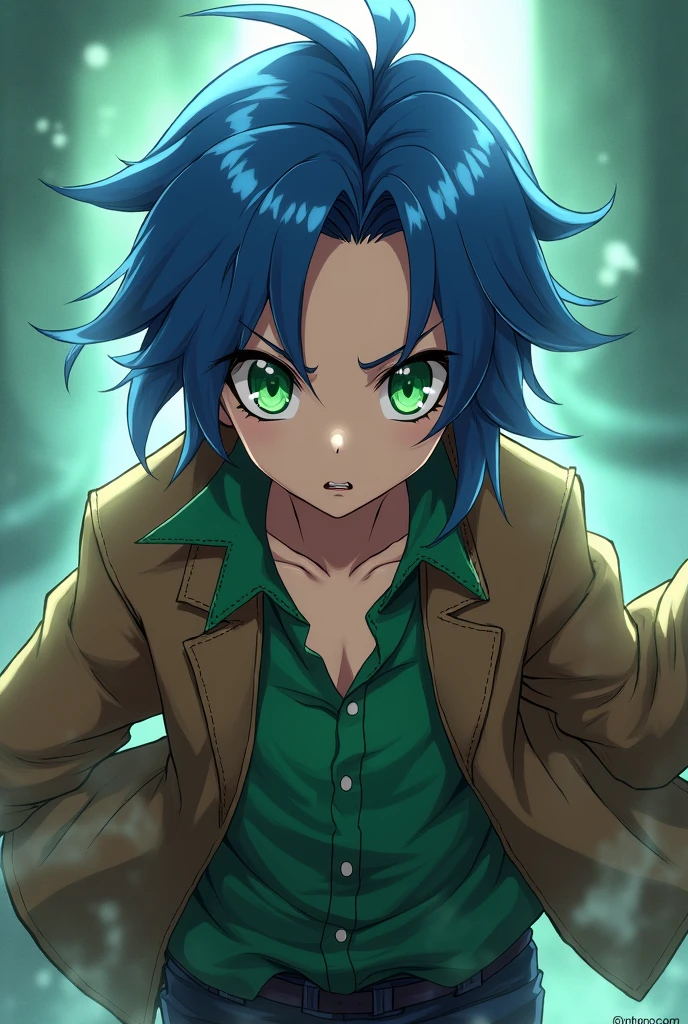 Blue hair anime demon slayer green eyes green shirt brown jacket