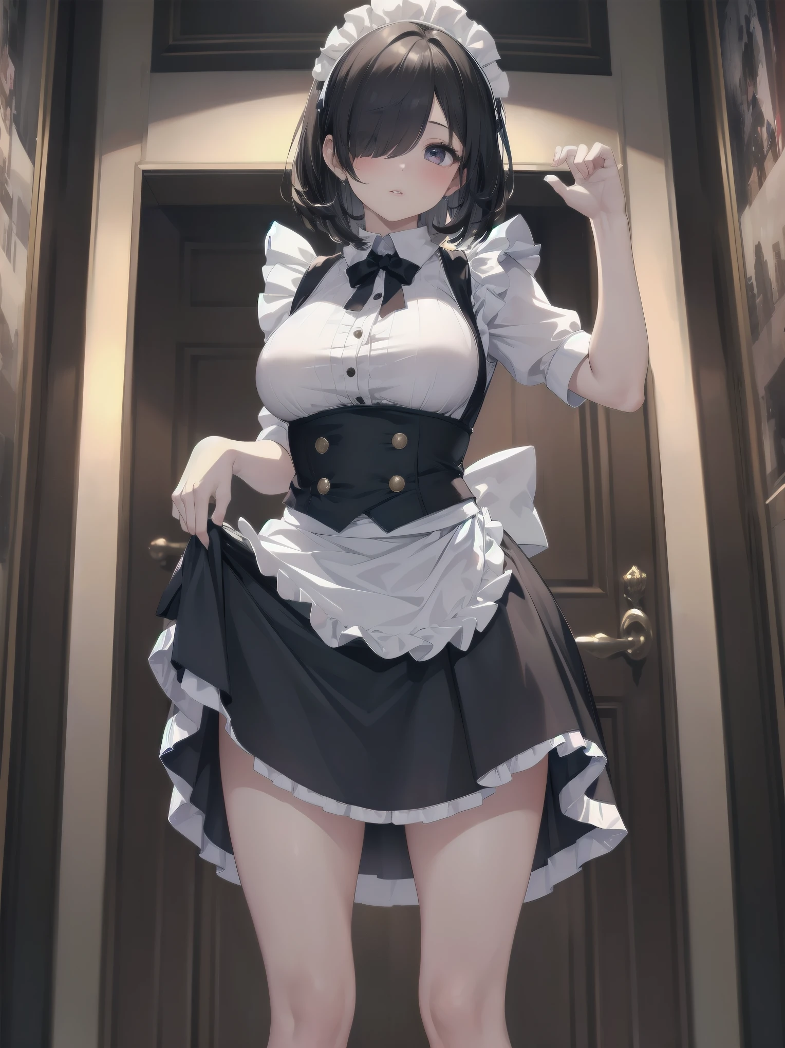 Highly detailed CG Unity 8k wallpaper, Top quality, Highly detailed, Masterpiece, Highly detailed pretty girl, , (((lifting skirt by herself))), (lifting skirt by herself)), dynamic angles, sexy pose, blush, lips apart, looking at audience, half body shot, (crowd), (crowded big city)), hair over one eye, immaculate beauty, less revealing maid outfit, classical maid fashion