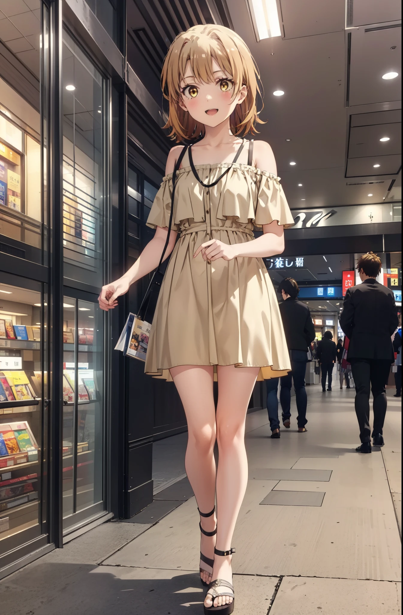 Irohaisshiki, isshiki iroha, short hair, Brown Hair, (Brown eyes:1.5), smile,Open your mouth,smile,Off-the-shoulder yellow dress,mini skirt,Cute heeled sandals,Walking,whole bodyがイラストに入るように,
break indoors,Shopping mall,
break looking at viewer,whole body,
break (masterpiece:1.2), Highest quality, High resolution, unity 8k wallpaper, (figure:0.8), (Beautiful attention to detail:1.6), Highly detailed face, Perfect lighting, Highly detailed CG, (Perfect hands, Perfect Anatomy),