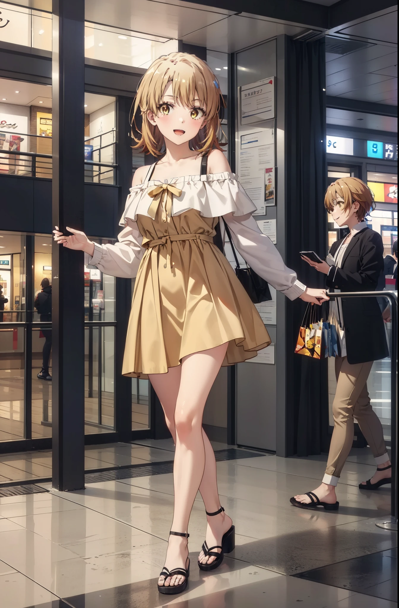 Irohaisshiki, isshiki iroha, short hair, Brown Hair, (Brown eyes:1.5), smile,Open your mouth,smile,Off-the-shoulder yellow dress,mini skirt,Cute heeled sandals,Walking,whole bodyがイラストに入るように,
break indoors,Shopping mall,
break looking at viewer,whole body,
break (masterpiece:1.2), Highest quality, High resolution, unity 8k wallpaper, (figure:0.8), (Beautiful attention to detail:1.6), Highly detailed face, Perfect lighting, Highly detailed CG, (Perfect hands, Perfect Anatomy),