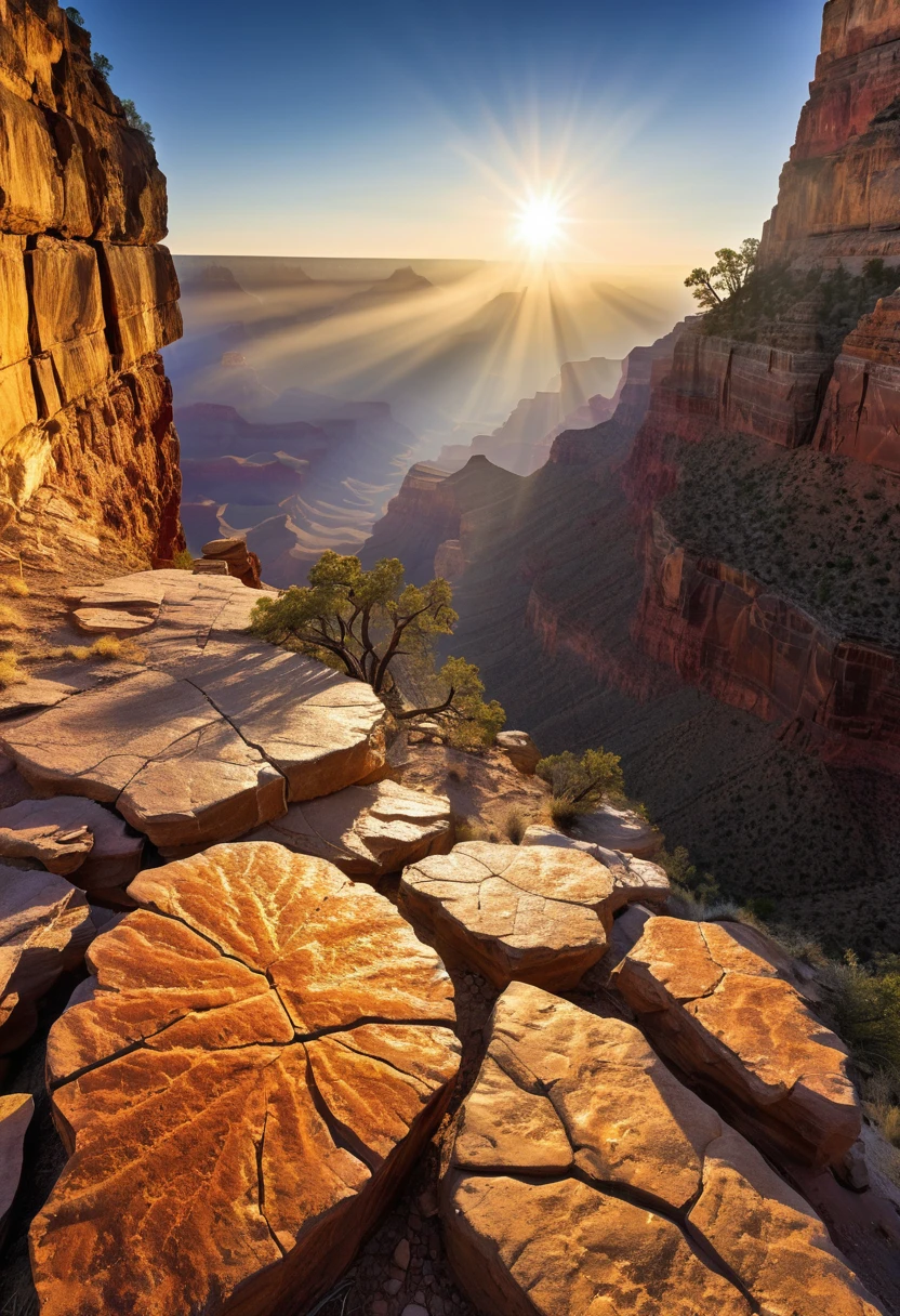 Grand Canyon National Park in the morning，Lightly covered by mist，The morning sun shines through the cracks in the canyon, casting golden rays of light。The texture of the rock wall is clearly visible，The mountains in the distance seem to be shrouded in a fairyland.，The picture is quiet and shocking