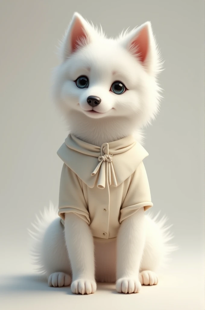 A white colour femel dog who wear cloth