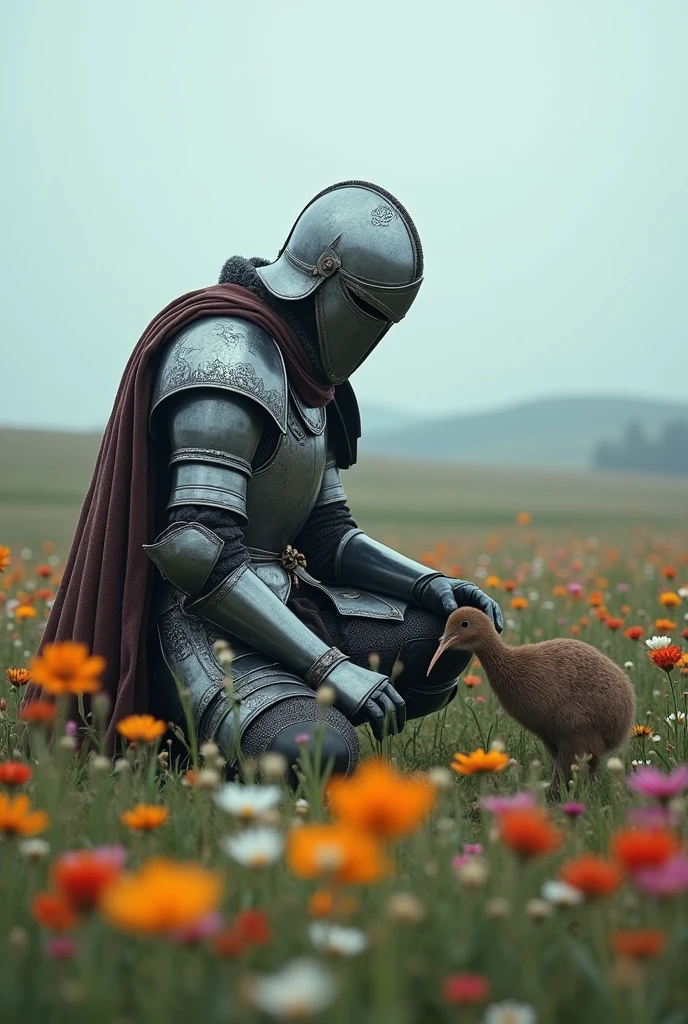 Medieval warrior with helmet covering his entire face (minute details in the armor which is of a general), on your knees and slightly crouched, leaning on his sword, watching a kiwi (the kiwi bird) and touching his head with the tip of his index finger of his left hand, that the warrior is in 3/4 in a field of flowers (The image must be with a cold color palette)