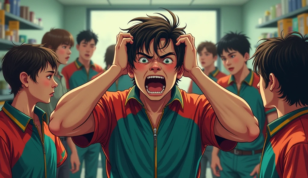 A realistic illustration, a young man all unkempt, with boy uniform, red and teal and yellow, screaming looking at the security camera that films 360° image, with both hands on the head pulling the hair, coworkers in the same uniform trying to calm him down, customers looking at him worriedly in the background. This image should simulate the security camera image..