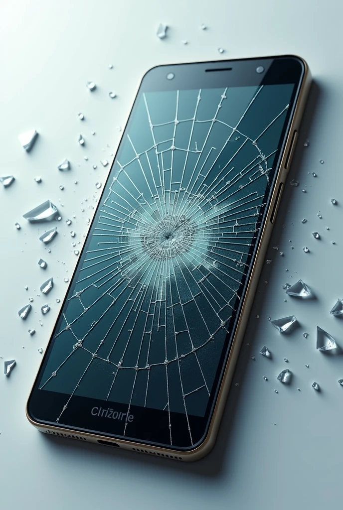new cell phone with a slightly cracked screen, the screen has broken glass scattered around
