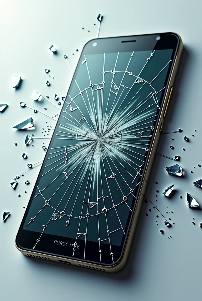 new cell phone with a slightly cracked screen, the screen has broken glass scattered around