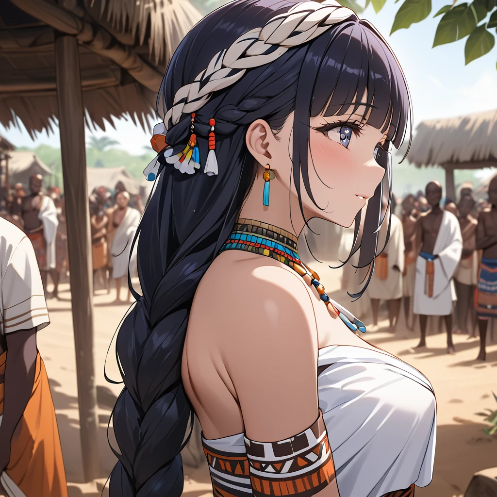 ((Highest quality)), ((masterpiece)), (detailed), （Perfect Face）、The woman is Reika Aoki, with medium-long hair, finely braided and slicked back, in the style of an African tribal woman.、A woman is getting married to a tribal man in an African tribal village