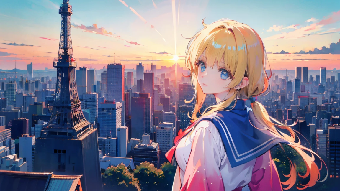 Japanese anime style, red and turquoise impression, Tokyo, Tokyo Tower, hair tied in two buns, long hair flowing, beautiful blonde girl, wearing sailor suit, blue collar, sunset, sky gradient red and orange