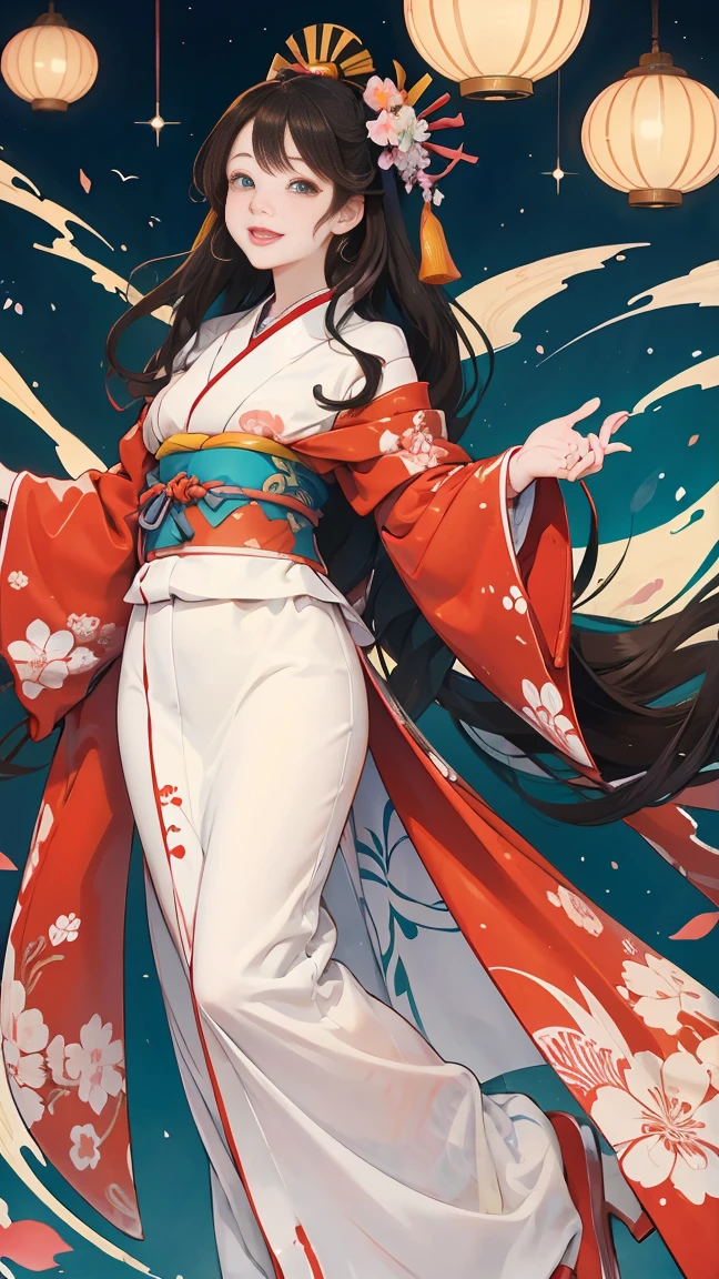 (SeaArt creates stunning illustrations of beautiful women in kimono)、Vividly colored Japanese Ukiyo-e style illustrations、A beautiful woman smiles and shows her upper white teeth、Brown-black long hair、Beautiful full body style、Let's dance a little Tokyo Ondo Yoiyoi、Beautiful new digital paintings,、Bright vibrant digital anime art、 Beautiful anime portraits、background、Torii gate of the Japan shrine、 Detailed digital anime art、
