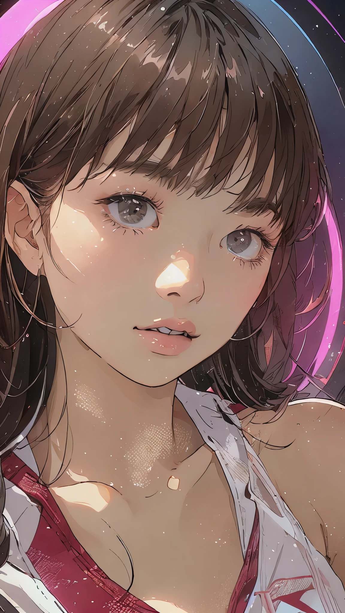 Beautiful and attractive woman、Half-body photo、Delicate and sexy collarbone、Attractive oval face、double eyelid、bright peach-colored eyes、Pink Lips、Small Nose、Concentrated face、Face close-up、Black Hair、Hair Bun、Ultra-high resolution、Super detailed、Pink volleyball outfit