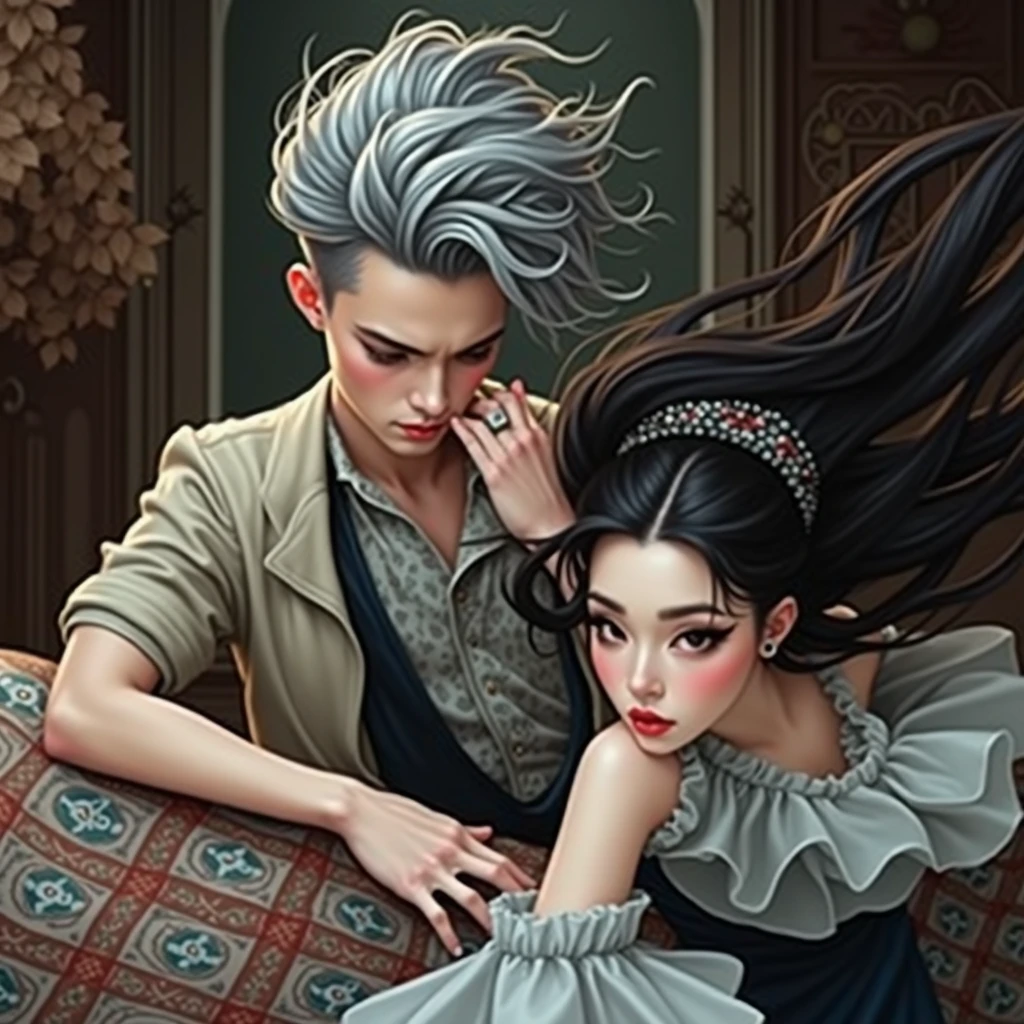 Masterpiece, Superb Fashion, (Fashion Costume), (Illustration), (2 People), Handsome Young Couple, (Russian Mill Style), Fashion, Silver Hair, (Long Hair), (Messy Hair), (White Skin), (Dark Circles), Handsome, Dance Steps, Trend, Dark Gray,, Close Up, (Grand Background), (Chiaroscuro)), Fine Face Details, Facial Details, Cinematic Lighting, (Depth of Field), UHD, (Upper Body), Black Background