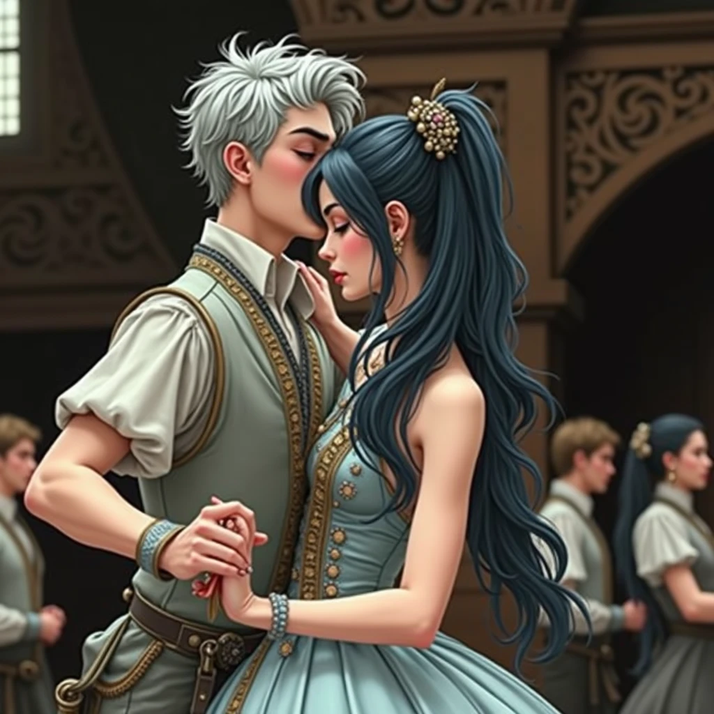 Masterpiece, Superb Fashion, (Fashion Costume), (Illustration), (2 People), Handsome Young Couple, (Russian Mill Style), Fashion, Silver Hair, (Long Hair), (Messy Hair), (White Skin), (Dark Circles), Handsome, Dance Steps, Trend, Dark Gray,, Close Up, (Grand Background), (Chiaroscuro)), Fine Face Details, Facial Details, Cinematic Lighting, (Depth of Field), UHD, (Upper Body), Black Background