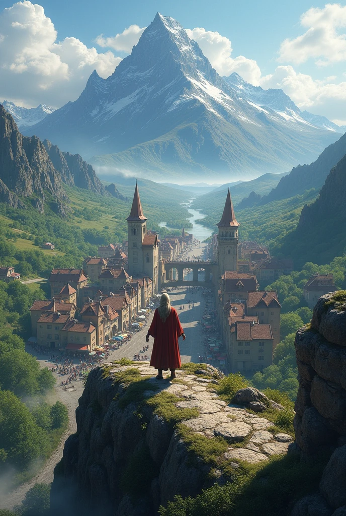 Medieval houses and markets inside a castle, the image seen from very high up with a mountain on one side where there is someone pointing at the castle