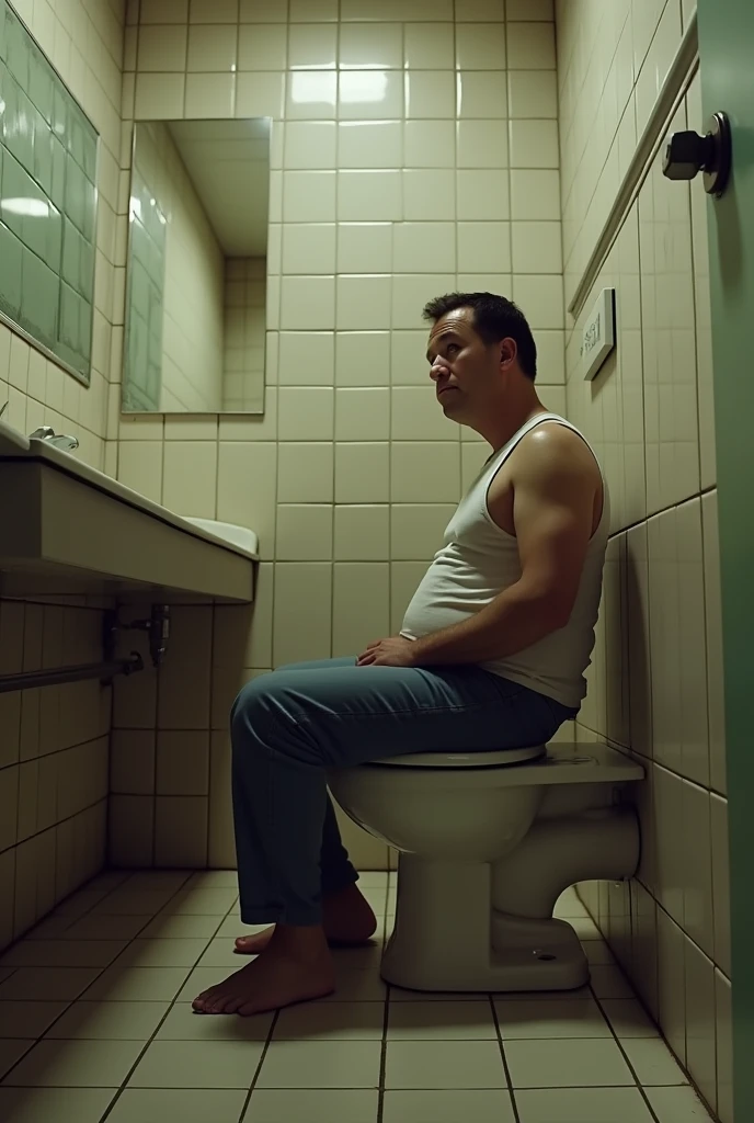 Man sitting on toilet with pants down pooping in public bathroom