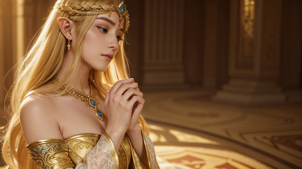 "Princess Zelda from The Legend of Zelda is depicted in a moment of deep prayer, kneeling gracefully on the ground. She rests both knees on the floor, her posture elegant yet humble. Zelda's hands are clasped tightly in front of her chest, fingers intertwined as if holding on to a deep resolve or hope. Her long, golden hair flows softly over her shoulders, partially covering her royal gown, which pools around her on the floor. The gown’s intricate golden embroidery catches the light, adding a touch of radiance to the otherwise solemn scene. Zelda's eyes are gently closed, her expression serene but focused, with a sense of urgency and devotion. Her face, framed by her delicate tiara, reflects a quiet strength as she silently offers her prayers. The atmosphere is one of profound reverence, as if she is drawing on her inner power and wisdom to protect those she cares for."