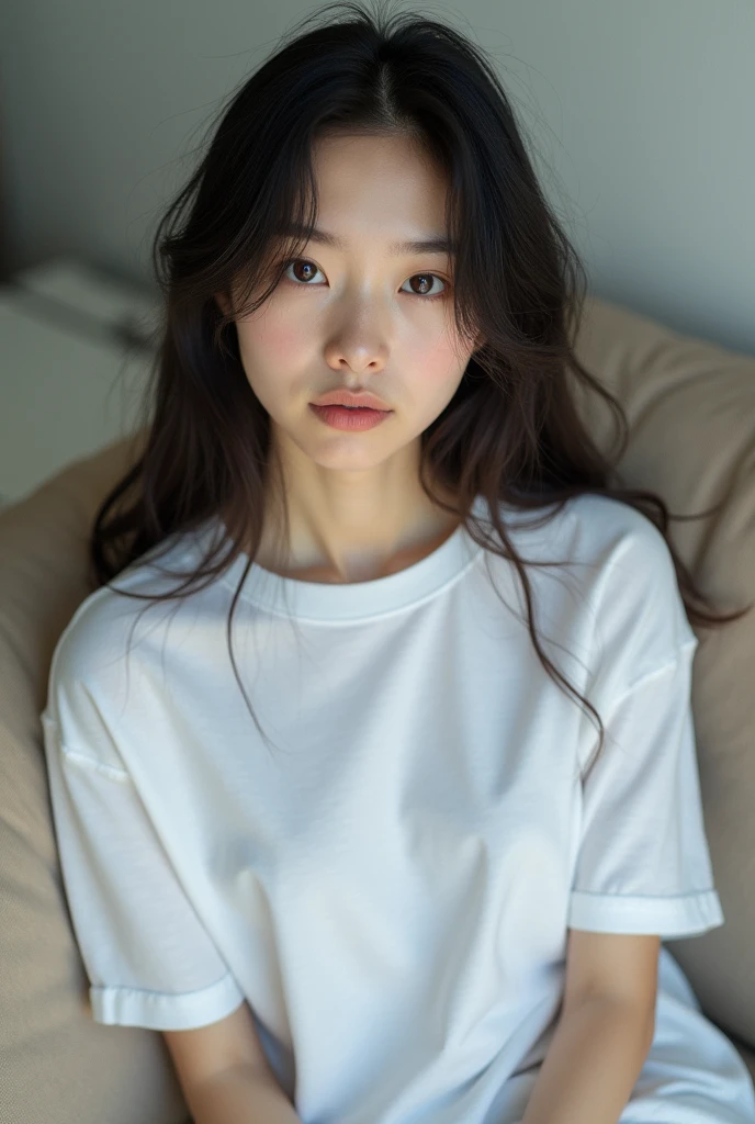 A fair-skinned young Japanese woman sitting on a sofa。Wearing a large white men's T-shirt。Selfie style。