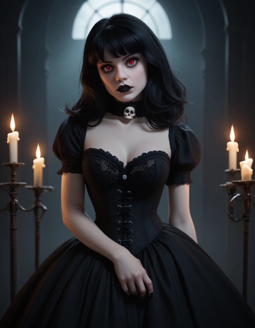 Chica gothic, Red eyes, eyes with pentagrams, black lips, long black hair, black lace dress, sin collar, corset with small skull buttons, Wicca sexy. Gothic style, Beautiful necromancer, gothic, Gothic style. frontal, Beautiful necromancer. Dark gloomy background, with small candles.