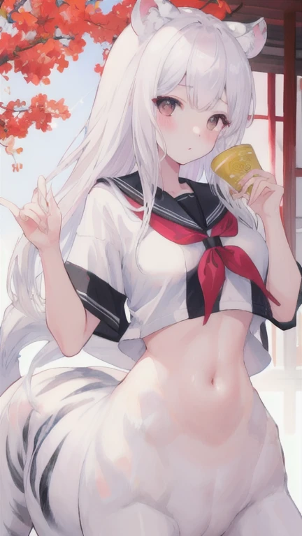 (best quality, masterpiece), 1 girl, centaur, I beg, White skin, Japanese schoolgirl,daughter,black pink, exposing the abdomen, belly button t-shirt , beautiful girl perfect, White tiger photo, 완벽한 White tiger photo