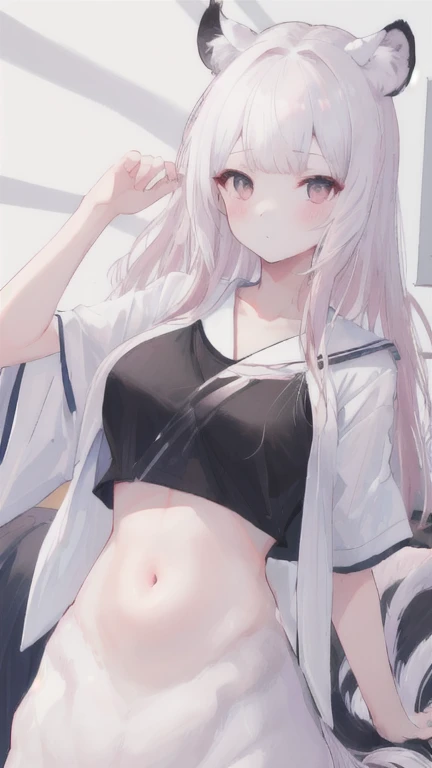 (best quality, masterpiece), 1 girl, centaur, I beg, White skin, Japanese schoolgirl,daughter,black pink, exposing the abdomen, belly button t-shirt , beautiful girl perfect, White tiger photo, 완벽한 White tiger photo
