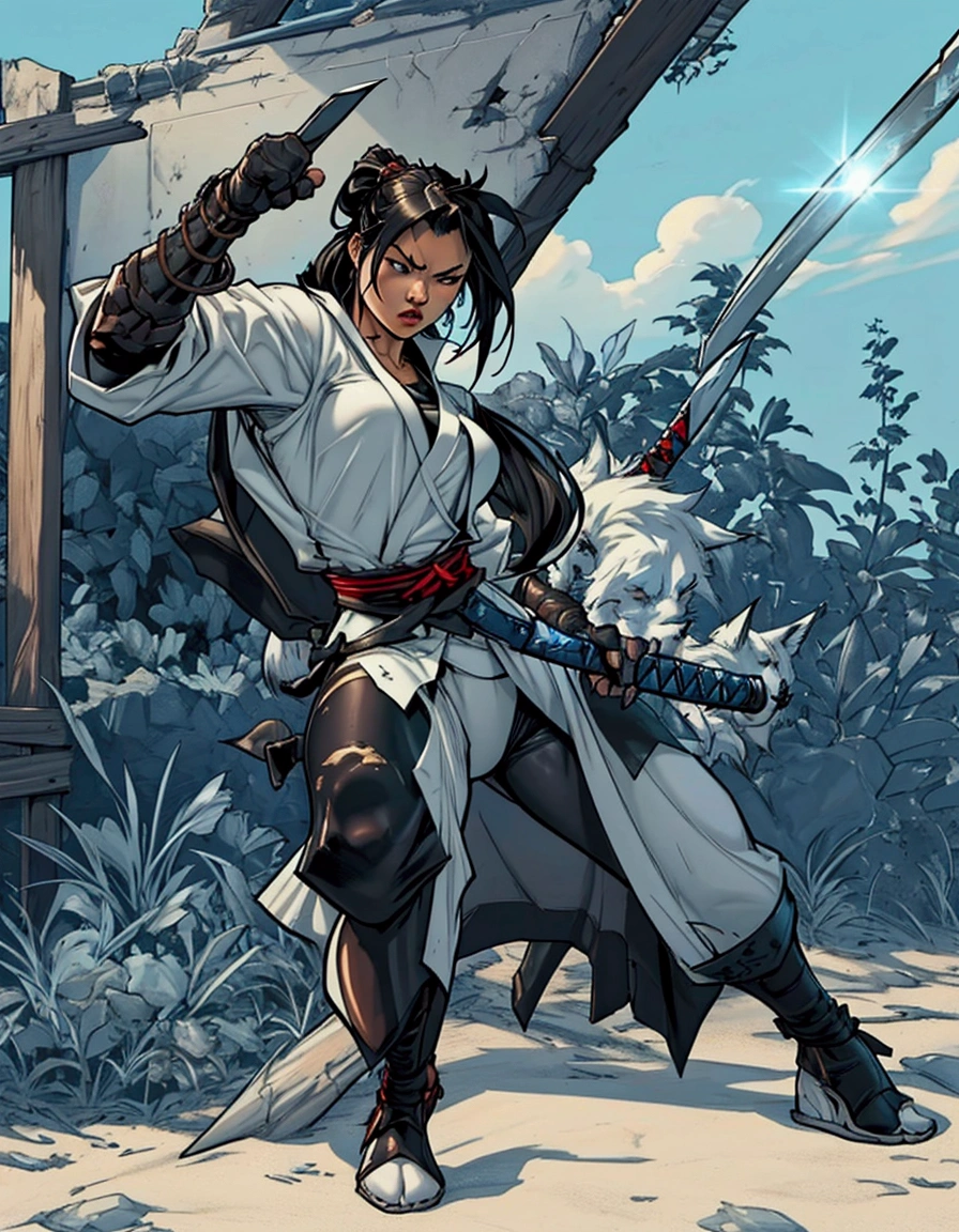 a close-up of a woman in costume with a sword, fighting game character, struggling posedor, badass pose, As a Tekken character, attack pose, struggling pose, in struggling posedors, katana zero video game character, struggling pose, king of fighters character, posture of fight, Alma Calibur, fox and bush, dead or alive 6