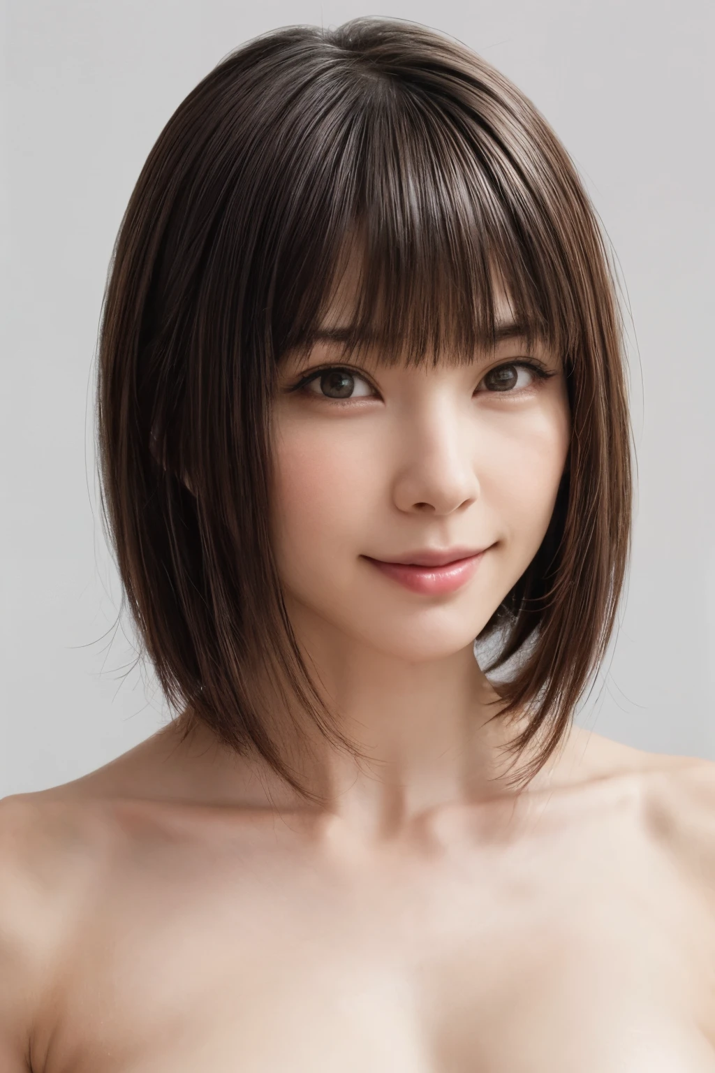 ((masterpiece, Highest quality, High resolution、Realisticですべてが美しく詳細に描かれている)), 1 person, (Realistic: 1.4), alone, White Background, snow-White Background, Mouth closed, smile, smile, Beautiful black hair, short hair, Big eyes, Transparent double eyelids, eyelash, Listen carefully, Long neck, 美しくLong neck, Put out your ears、Absolute area, ((Face close-up)), (Draw the whole head, shoulder), 1, Attractive proportions, Glowing Skin, Beautiful clavicle, Golden ratio face, Perfect Face, Teardrop-shaped mole, chestのほくろ, bangs, clean bangs, beautiful bangs, Lip gloss, Thin lips, Fair skin, naked, Big Breasts, {Huge|big|Hugeな|Mega} chest:2, chestの谷間:2,chestの谷間を見せる、Small face, Small face, All the heads are painted, shoulder all drawn, Point slightly above the camera