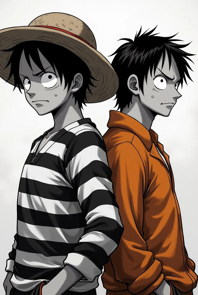 Monkey D. Luffy in a black and white striped long-sleeved prison uniform and Monkey D. .... Luffy in orange long sleeve prison uniform Original anime One Piece