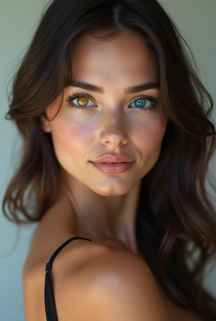 A beautiful French fashion model with heterochromia、The right eye is yellow and the left eye is blue.、In a sexy pose、With a seductive smile、Looking at me provocatively