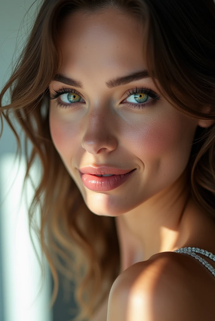 A beautiful French fashion model with heterochromia、The right eye is yellow and the left eye is blue.、In a sexy pose、With a seductive smile、Looking at me provocatively