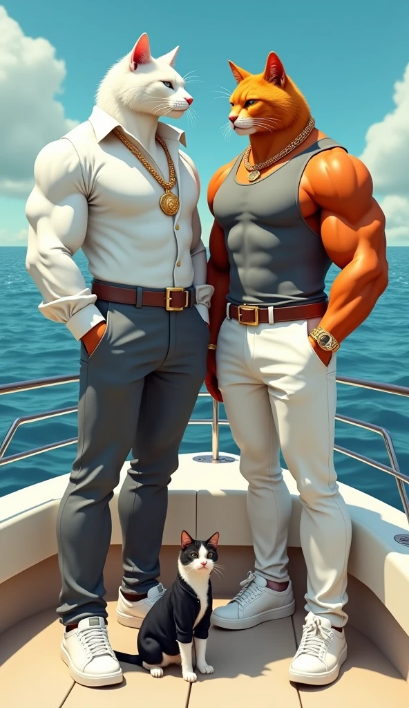 A fantastical image featuring two anthropomorphic cats with muscular physiques, standing on a yacht against a serene ocean backdrop. The cat on the left has white fur, wears a white long-sleeve shirt draped over their shoulders, and gray pants, while the cat on the right has orange fur, showcases a sleeveless gray tank top and white pants. Both wear designer belts, gold jewelry, and stylish white sneakers. A smaller cat in a black jacket is seated at their feet, adding a playful touch to the scene.