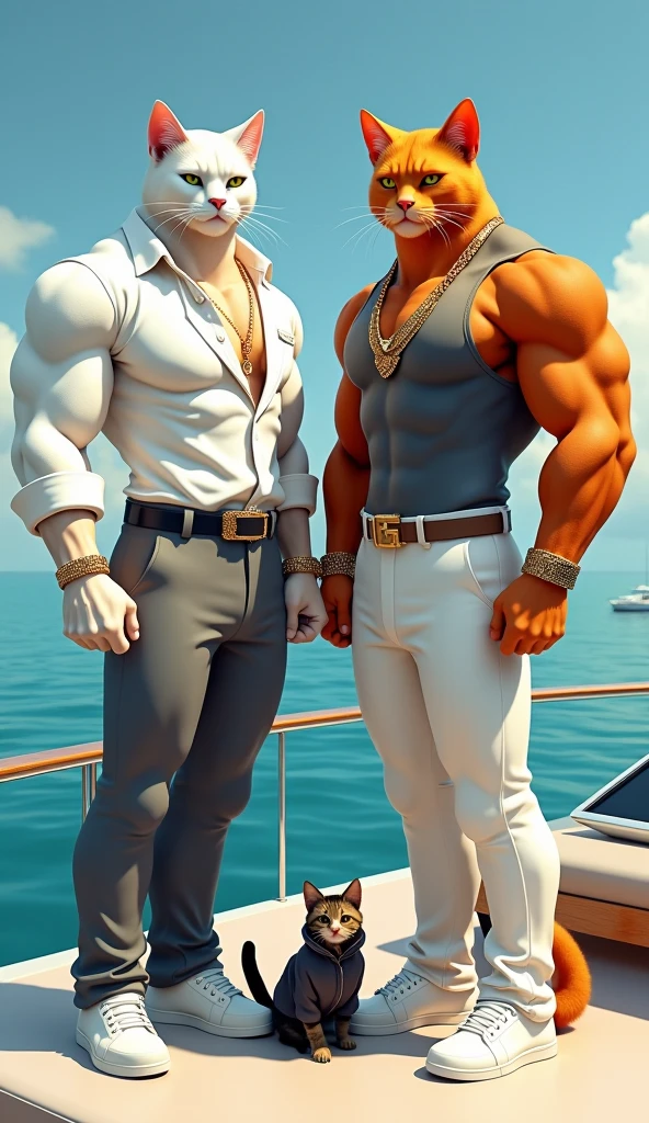 A fantastical image featuring two anthropomorphic cats with muscular physiques, standing on a yacht against a serene ocean backdrop. The cat on the left has white fur, wears a white long-sleeve shirt draped over their shoulders, and gray pants, while the cat on the right has orange fur, showcases a sleeveless gray tank top and white pants. Both wear designer belts, gold jewelry, and stylish white sneakers. A smaller cat in a black jacket is seated at their feet, adding a playful touch to the scene.