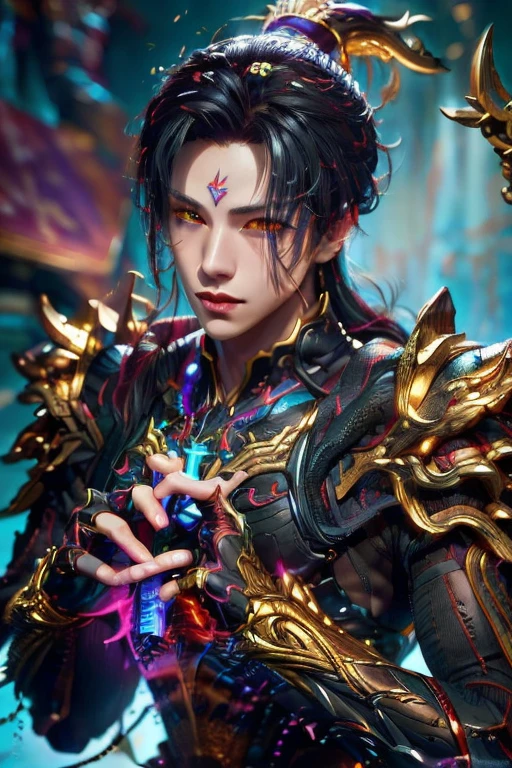(Best Quality, 8K, Masterpiece, HDR, Soft Lighting, Picture Perfect, Realistic, Vivid), Male Humanoid Dragon (1.0),9 halo ring at back,circle shape ring at back super detailed,1 Guy, (((male))),light red lips, Perfect Face, Super Detailed Photo of a Magnificent Humanoid Dragon man with long black obsidian hair,red crimson eyes,red crimson eyes,eyes detailed,super ultra detailed eyes,reality eyes look((no noice)),pure purple and black dominant color armour,Beautiful anime fantasy, background blur, anime fantasy, Gouves style work, realistic: 1.37, long black obsidian hair, full lips, (((Curvy guy))), (Ultra high quality fantasy art) , Masterpiece , male model, ultra high quality male character designs, detailed 8k anime art, realistic anime art, highest quality wallpapers, intricate ultra high quality accurate male characters faces, red golden engraving runes lines on forehead((read about shape of runes and golden line shape of runes)),forehead detailed,high quality design and accurate physics (fantasy - ultra high quality) art) , dark  fantasy style), masterpieces, super high-quality characters, anime resolution - 8K, realistic anime art, wallpapers with the highest quality illustrations, ultra-high detail of faces, high-quality design and accurate physics), color, depth of field, shadows, ray tracing, high quality execution. -high quality and 8K resolution, (Accurate simulation of the interaction of light and materials)], [High-quality hair detail [Read more about beautiful and shiny black obsidian hair]], (Beautifully detailed hands [perfect fingers [Perfect nails]]], (perfect anatomy ( perfect proportions)))) [[Full height]], [Perfect combination of colors (Accurate imitation of the interaction of light and material)], [art that conveys the meaning of the story](modified)
