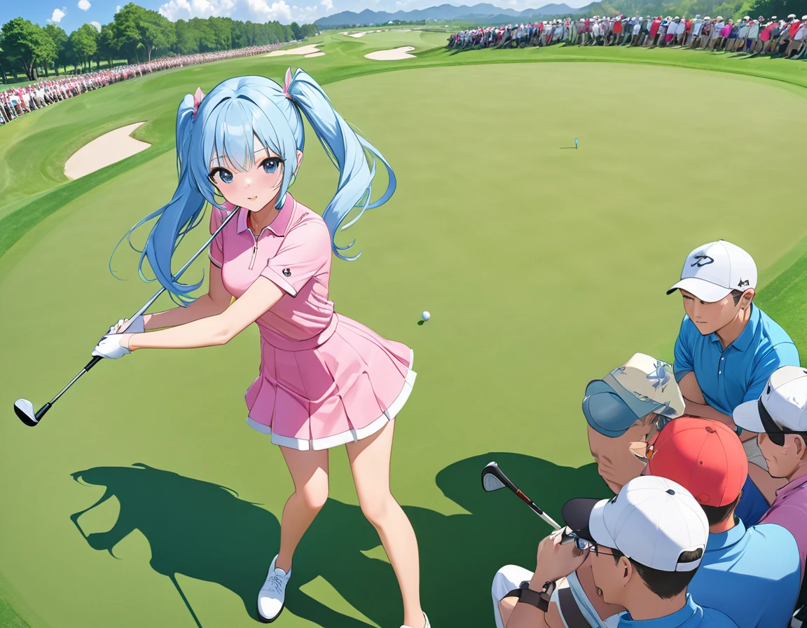 high quality,High resolution,16K、Light blue long hair、Beautiful twin-tailed golf player、Pink costume、Golf course with beautiful grass、Golf Tournaments、A large audience、during a golf game、Dynamic Angle