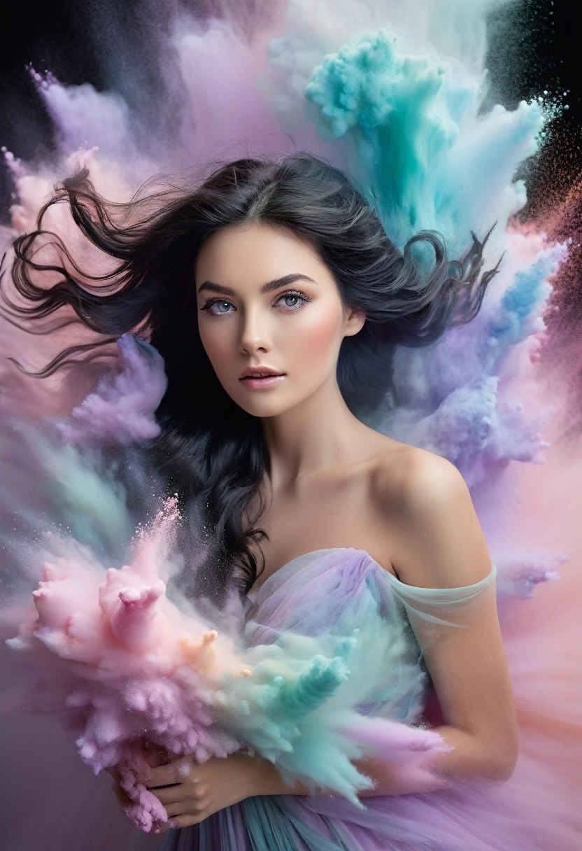 In this stunning image, we are presented with a captivating view of pastel colored powder exploding in all directions, beautifully frozen in time through super long exposures and slow shutter photography techniques. An explosion occurs in front of the wall, where an image also explodes into life with an explosion of multi-colored pastel powder, resembling a beautiful, graceful woman with long, wavy black hair flowing gently with shining eyes and a soft, elegant closed-shoulder dress facing the camera floating over extremely realistic pastels. . The image, perhaps a photograph, displays beautiful attention to detail, with subtle colors blending harmoniously to create a truly stunning, high-quality visual masterpiece.