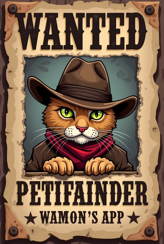 I would like a logo, based on the wanted catharses from american movies, but the wanted man is a cat with a mischievous face and a typical old west hat. the name of the app is petifainder, put a very naughty cat