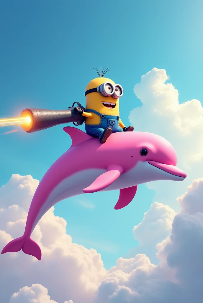 pink dolphin flying in the sky with a minion on top of it with a cannon