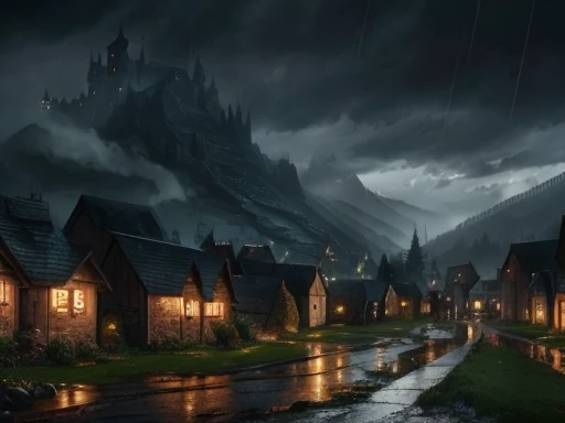 More houses, a church, A castle, ok mysterious, rainny, fear, grim, grimdark, tempest.
