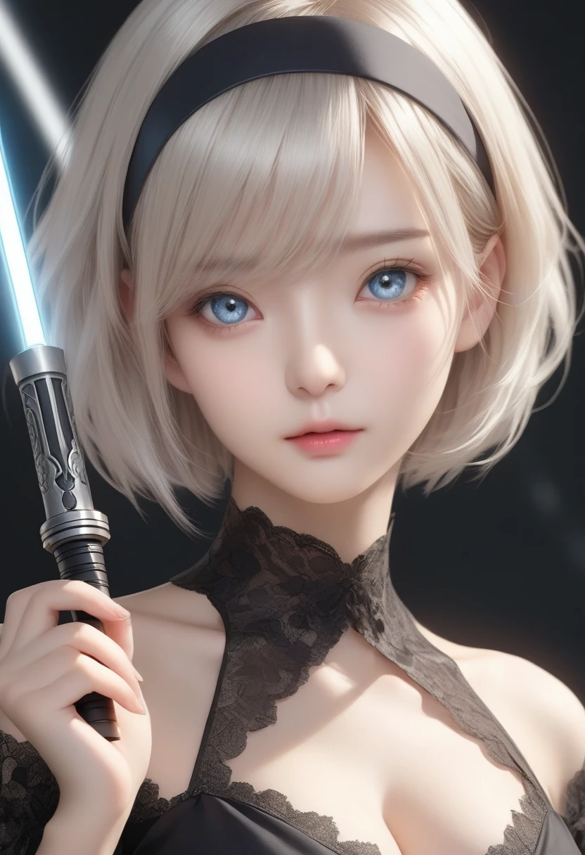 score_9, score_8_up, score_7_up,source_anime
BREAK {(masterpiece,best quality, 16K portrait, UHD, (Depicting beautiful faces more carefully:1.4), extremely detailed CG, detailed beautiful face and eyes and skin and hair)},{(ultra realistic photo graphic style:1.4)}
BREAK {solo, 30yo, (2B of Nier_Automa:1.4)), (slender body,medium breasts),(lightbrown_lightwhite colored hair:1.4, short cut hair), (medium mouth:1.2),(narrow and sharp eyes:1.4,blue-glay eyes),(black hairband:1.4) ,cleavage,(Nier_Automata_2B costume:1.2)
BREAK {profile}
BREAK (hold a lightsaber:1.2),simple_background