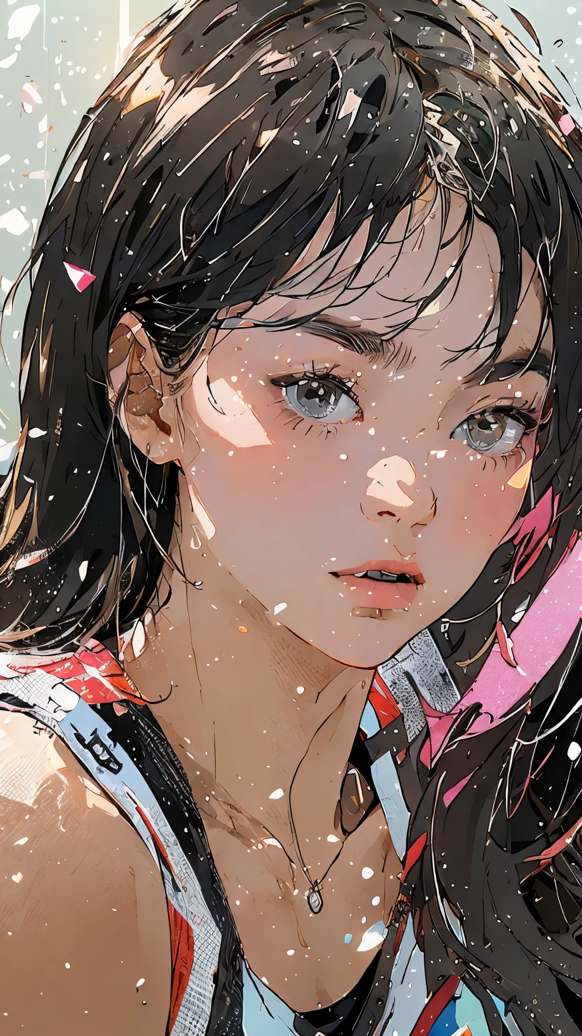 Beautiful and attractive woman、Half-body photo、Delicate and sexy collarbone、Attractive oval face、double eyelid、bright peach-colored eyes、Pink Lips、Small Nose、Concentrated face、Face close-up、Black Hair、Shortcuts、Ultra-high resolution、Super detailed、Pink volleyball outfit
