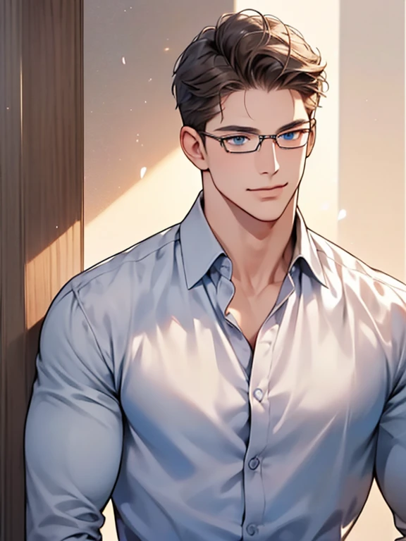masterpiece, best quality, 1male, brunette hair, blue eyes, glasses, white shirt, mugshot, wall background, detailed eyes, expression smile in lovess, CEO, Officehome background, detailed facial features, realistic and high resolution (best quality, 4k, 8k, highres, masterpiece:1.2)