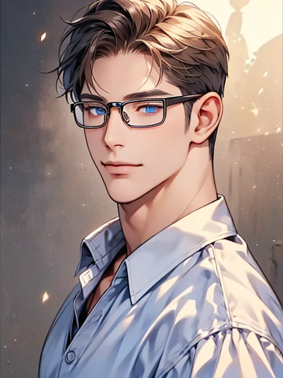 masterpiece, best quality, 1male, brunette hair, blue eyes, glasses, white shirt, mugshot, wall background, detailed eyes, expression smile in lovess, CEO, Officehome background, detailed facial features, realistic and high resolution (best quality, 4k, 8k, highres, masterpiece:1.2)