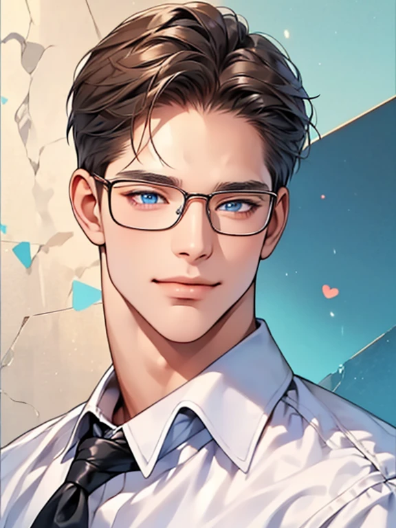 masterpiece, best quality, 1male, brunette hair, blue eyes, glasses, white shirt, mugshot, wall background, detailed eyes, expression smile in lovess, CEO, Officehome background, detailed facial features, realistic and high resolution (best quality, 4k, 8k, highres, masterpiece:1.2)