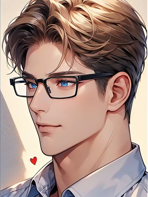 masterpiece, best quality, 1male, brunette hair, blue eyes, glasses, white shirt, mugshot, wall background, detailed eyes, expression smile in lovess, CEO, Officehome background, detailed facial features, realistic and high resolution (best quality, 4k, 8k, highres, masterpiece:1.2)