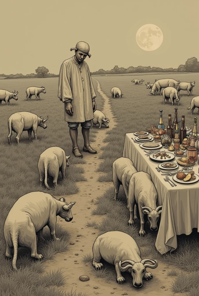 scene: The other animals, tired and hungry, working in the fields while looking sadly towards the banquet.
Text: "While the other animals continue to starve and work hard."
simple drawing