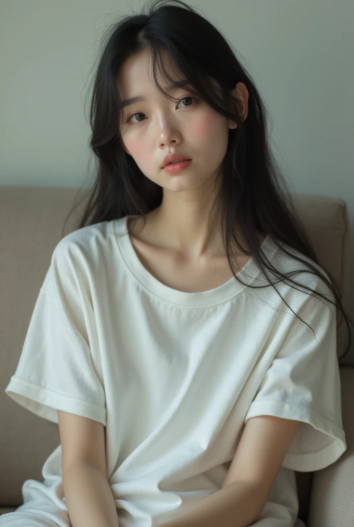 A fair-skinned young Japanese woman sitting on a sofa。He&#39;s wearing a very large, oversized white T-shirt.。Selfie style。
